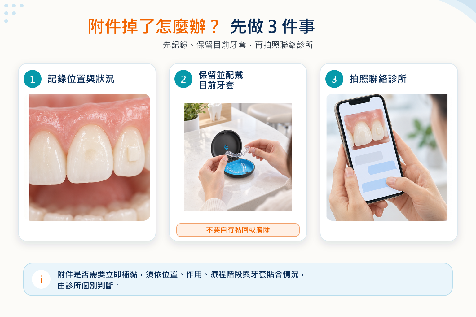 隱形矯正附件掉落時應保留目前牙套並聯絡診所評估
